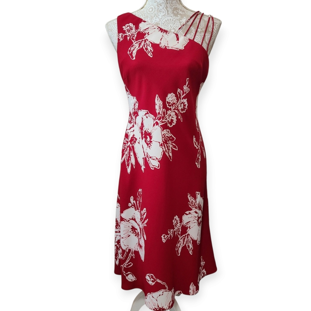Dressbarn Red & White One Shoulder Floral Dress Size 8